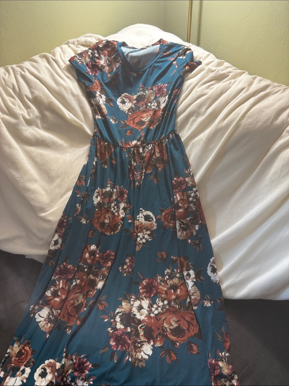 Reborn J Teal Floral Maxi Dress with Rust and Cream Blooms